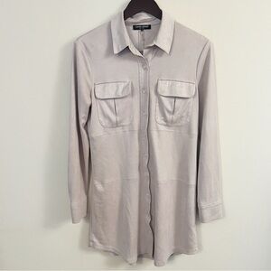 David Lerner Suede Button Front Long Sleeve Shirt Dress Size Small Off White